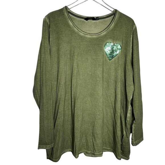 Ulla Popken size 20 22 Cold dyed sequined heart long sleeve tee sage green - Picture 1 of 9